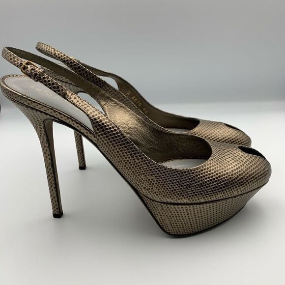Sergio Rossi Lizard Embossed Peep Toe Sling Back Platform Heels Bronze Size 10 - Picture 2 of 12